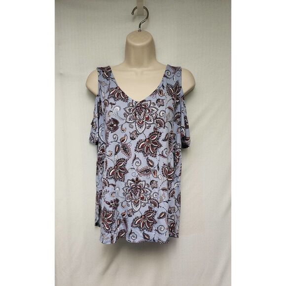 Love Fire Womens Cold Shoulder Top Size L Multicolor Floral V-Neck Short Sleeve - Picture 4 of 7
